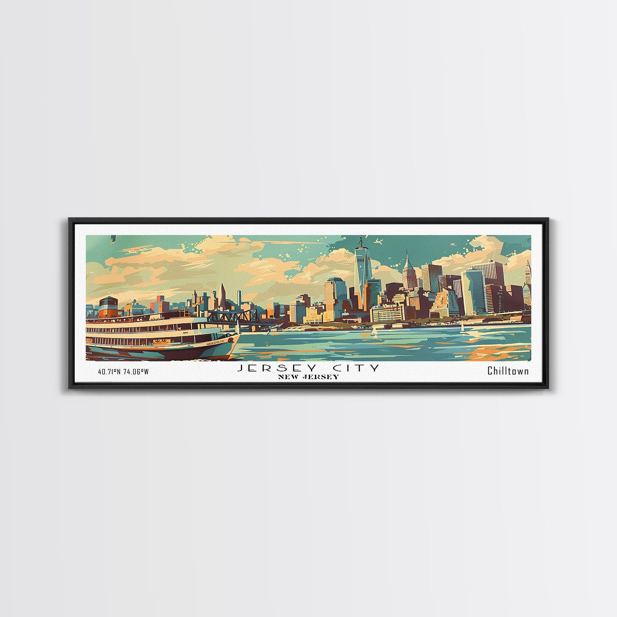 Jersey City New Jersey Panoramic Painting, Mid Century Modern Framed Canvas Print, Retro Pop Art Travel Poster, Wall Art, Home Decor, Office Wall Art, Living Room Decor