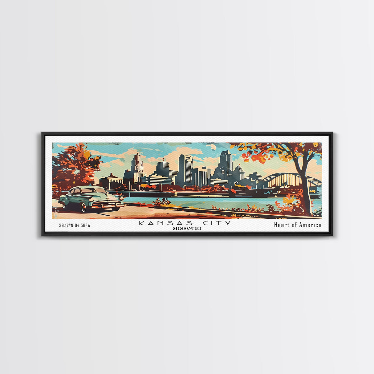 Kansas City Missouri Panoramic Wall Art, Mid Century Modern Framed Canvas Print, Retro Pop Art Travel Poster, Home Decor, Office Art, Gift Idea, Wall Hanging