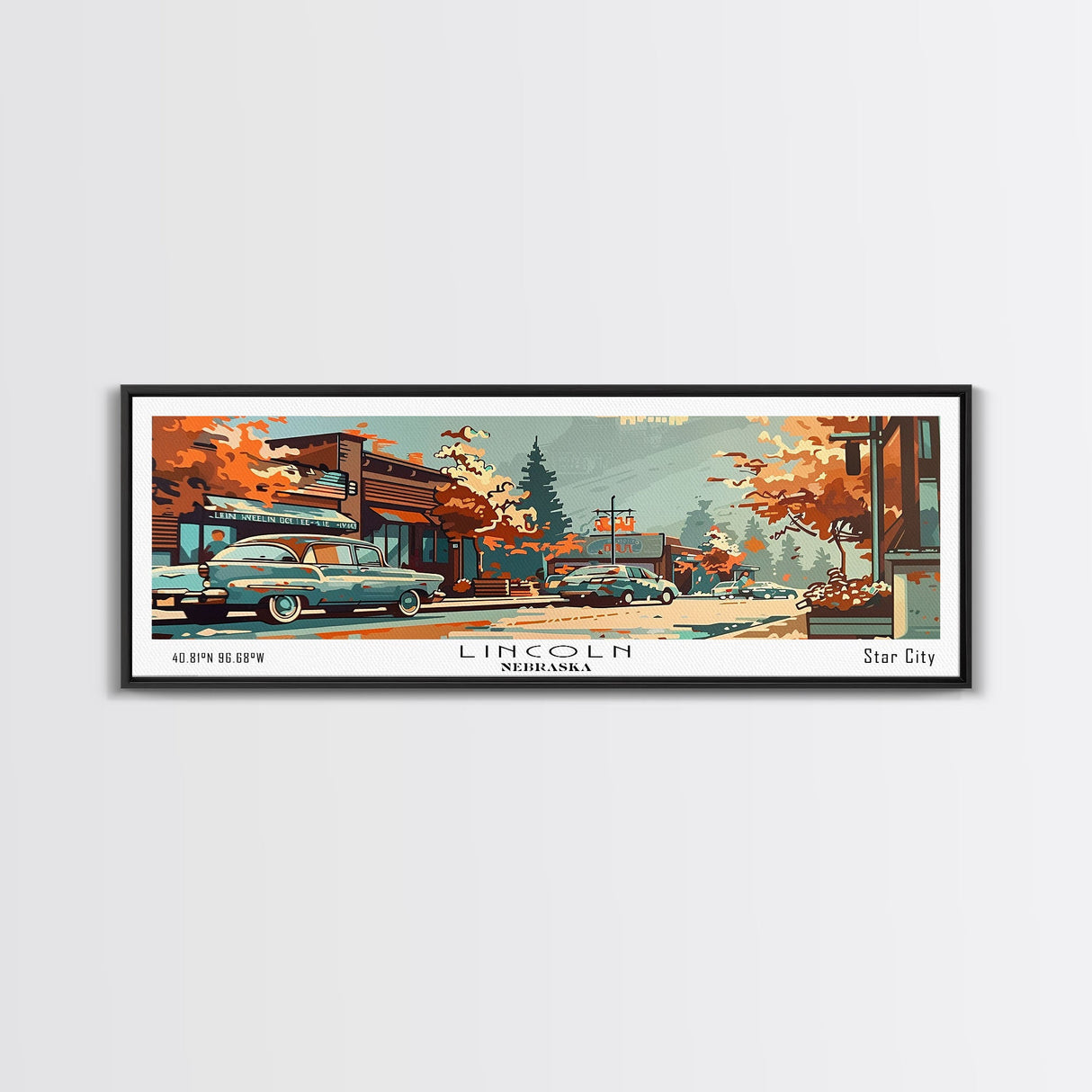 Lincoln Nebraska Panoramic Painting, Mid Century Modern Framed Canvas Print, Retro Pop Art Travel Poster, Wall Art, Home Decor, Office Wall Art, Living Room Decor