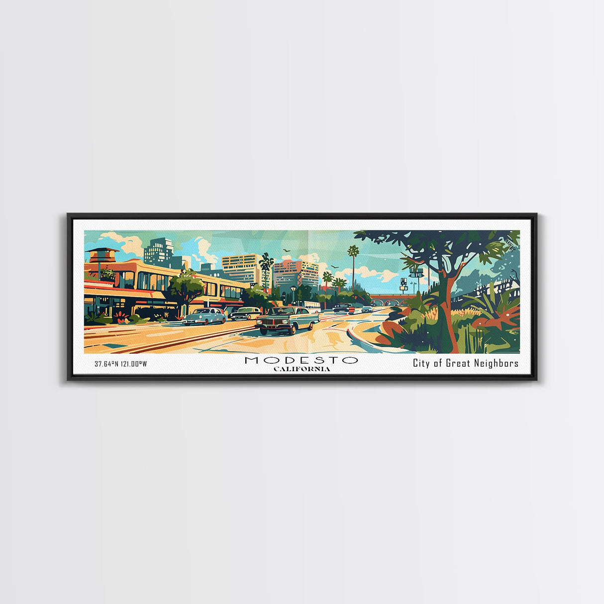 Modesto California Panoramic Wall Art, Mid Century Modern Framed Canvas Print, Retro Pop Art Travel Poster, Home Decor, Office Art, Living Room Wall Hanging, Gift Idea