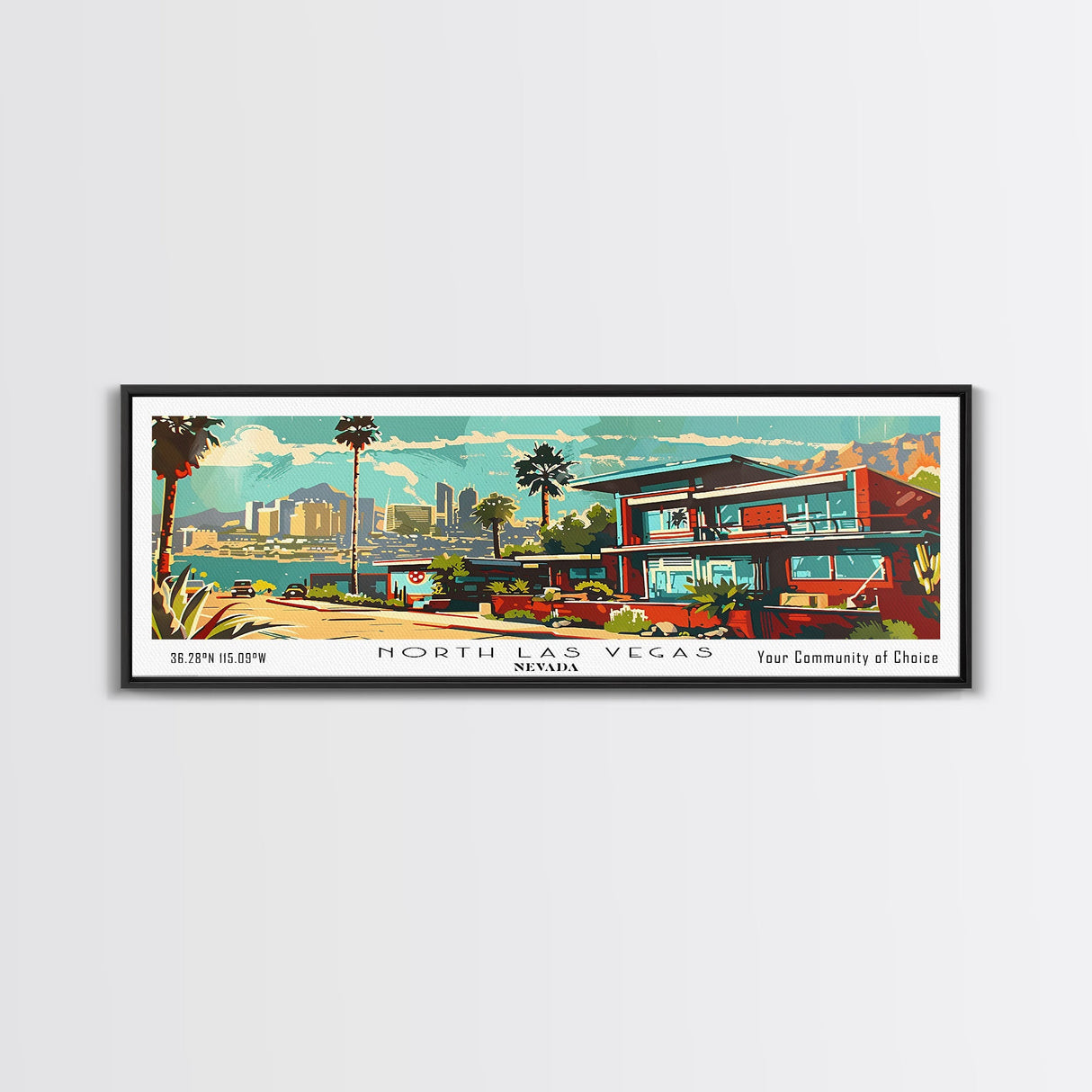 North Las Vegas Nevada Panoramic Wall Art, Mid Century Modern Framed Canvas Print, Retro Pop Art Travel Poster, Home Decor, Office Art, Gift Idea, Living Room Wall Hanging