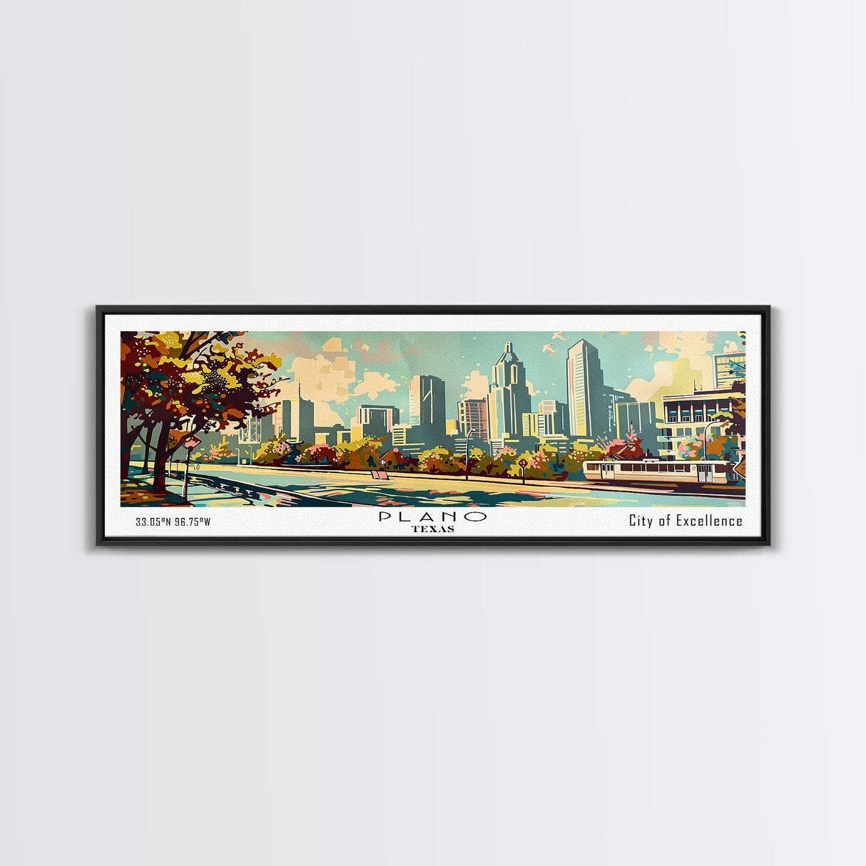 Plano Texas Panoramic Painting, Mid Century Modern Framed Canvas Print, Retro Pop Art Travel Poster, Living Room and Office Decor