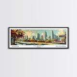 Plano Texas Panoramic Painting, Mid Century Modern Framed Canvas Print, Retro Pop Art Travel Poster, Living Room and Office Decor