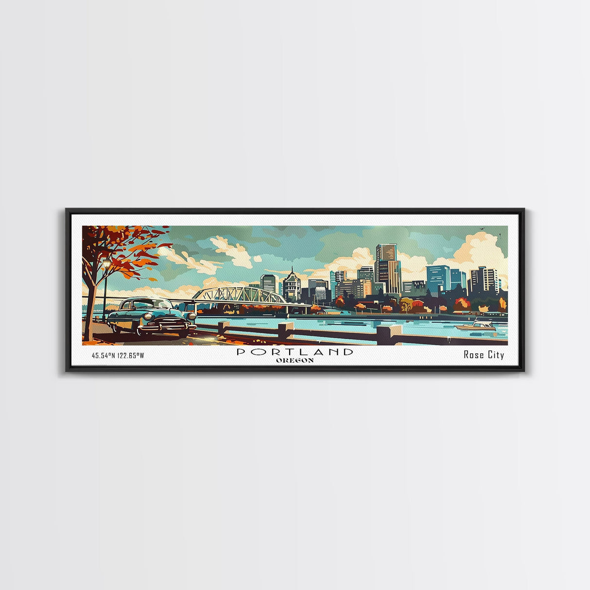 Portland Oregon Panoramic Wall Art, Mid Century Modern Framed Canvas Print, Retro Pop Art Travel Poster, Home Office and Living Room Decor