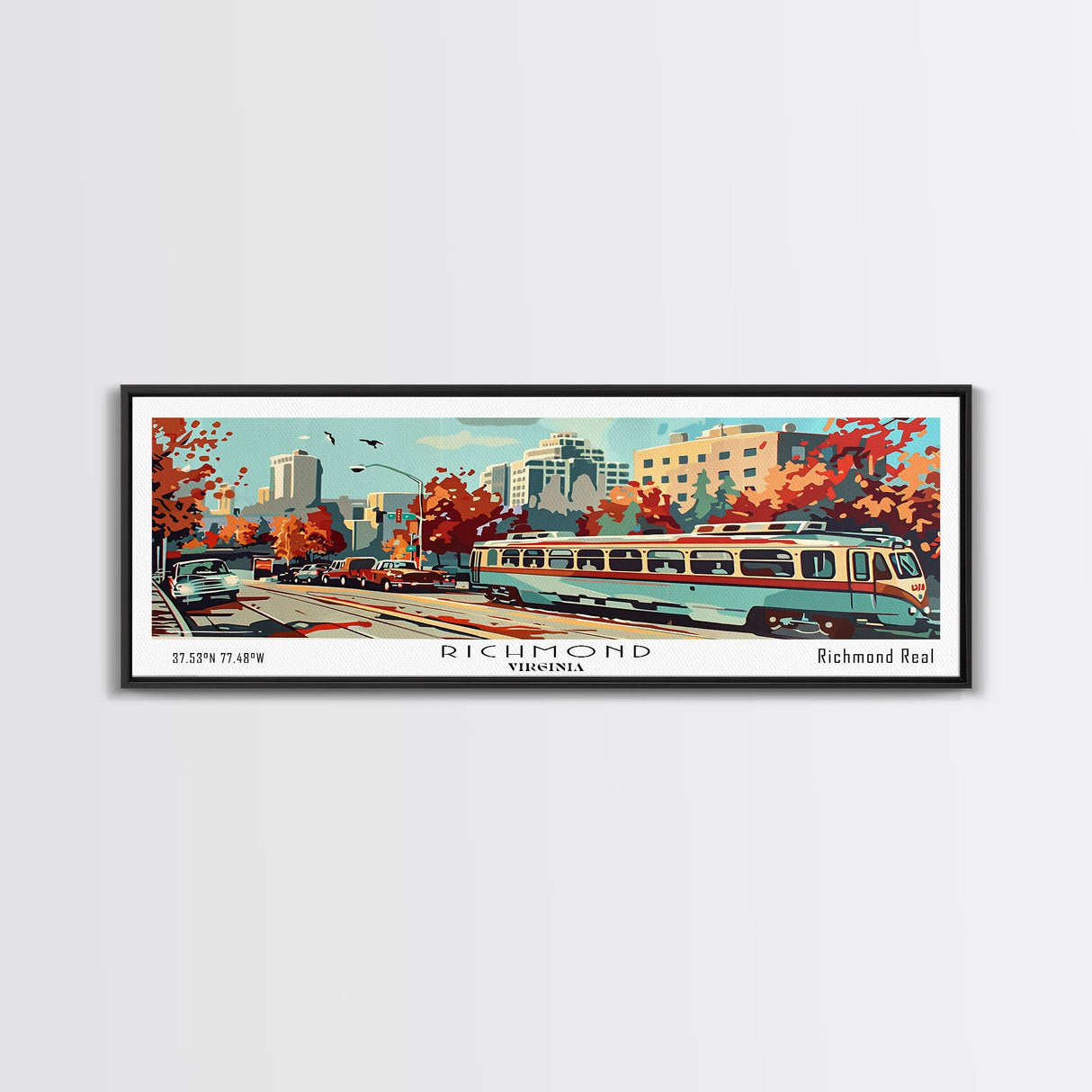 Richmond Virginia Panoramic Painting, Mid Century Modern Framed Canvas Print, Retro Pop Art Travel Poster, Living Room and Office Decoration