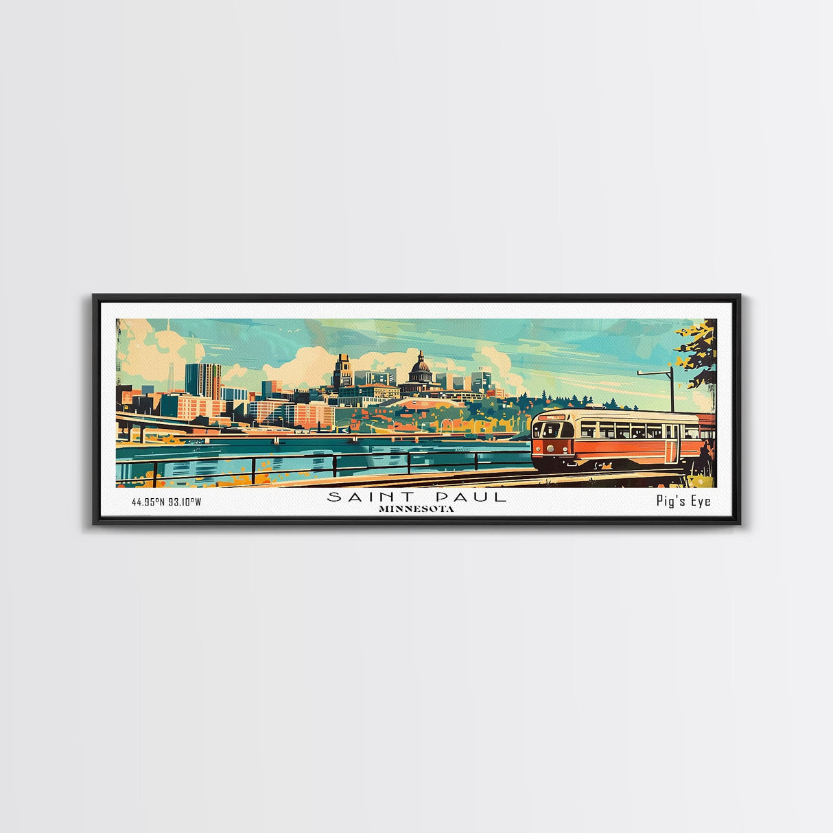 Saint Paul Minnesota Panoramic Wall Art, Mid Century Modern Framed Canvas Print, Retro Pop Art Travel Poster, Living Room and Office Decor