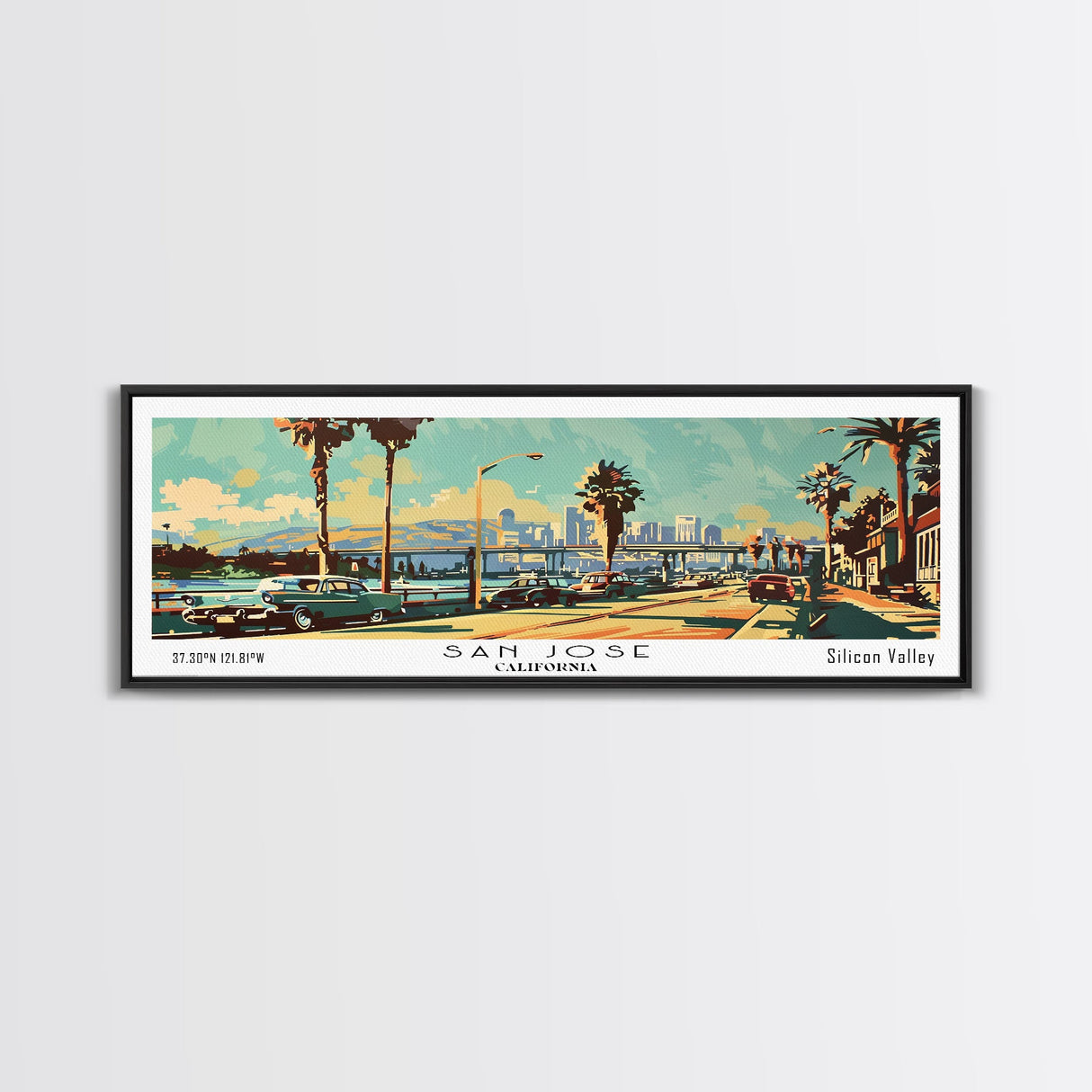 San Jose California Panoramic Wall Art, Mid Century Modern Framed Canvas Print, Retro Pop Art Travel Poster, Living Room and Office Decor