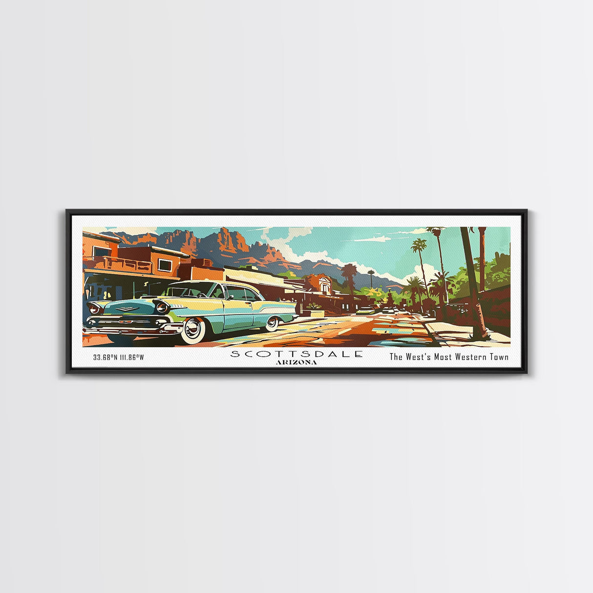 Scottsdale Arizona Panoramic Painting, Mid Century Modern Framed Canvas Print, Retro Pop Art Travel Poster, Living Room and Office Wall Art