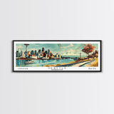 Seattle Washington Panoramic Painting, Mid Century Modern Framed Canvas Print, Retro Pop Art Travel Poster, Living Room Wall Art Decor