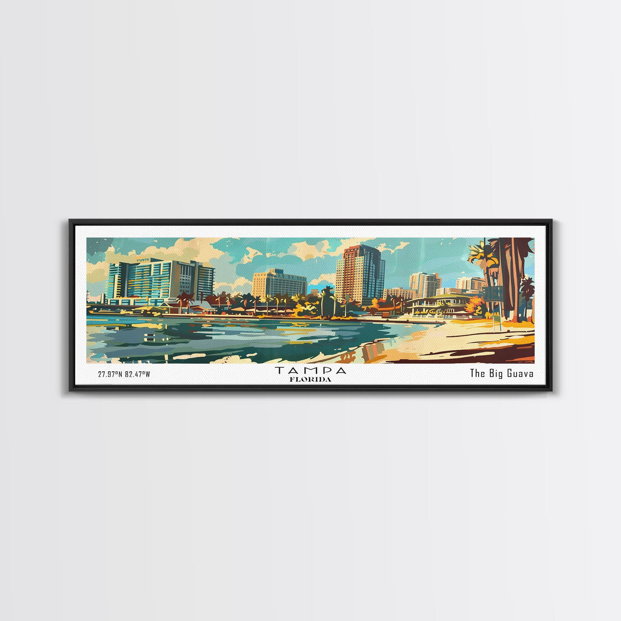 Tampa Florida Panoramic Wall Art, Mid Century Modern Framed Canvas Print, Retro Pop Art Travel Poster, Living Room and Office Wall Art