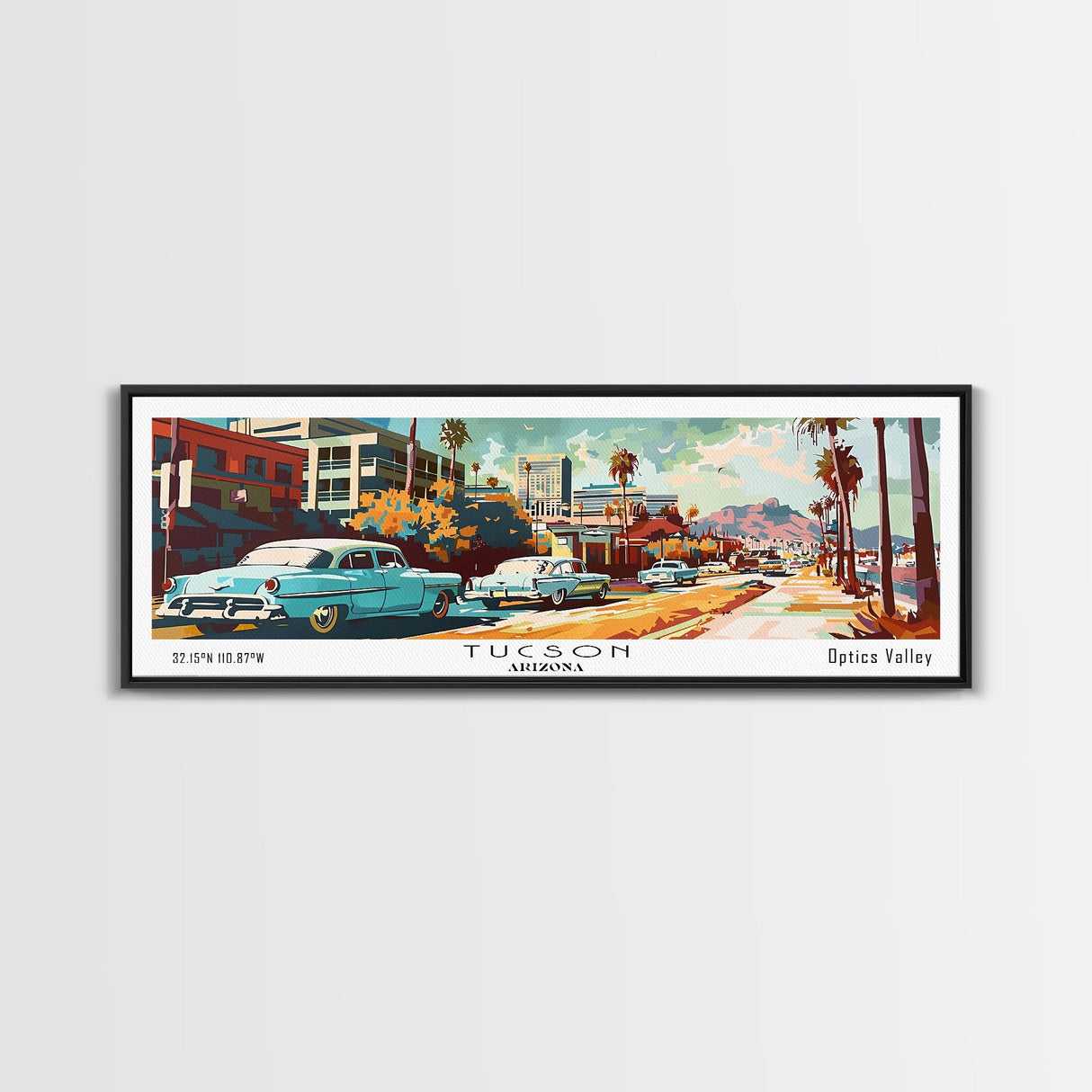 Tucson Arizona Panoramic Painting, Mid Century Modern Framed Canvas Print, Retro Pop Art Travel Poster, Living Room Wall Art and Office Decor