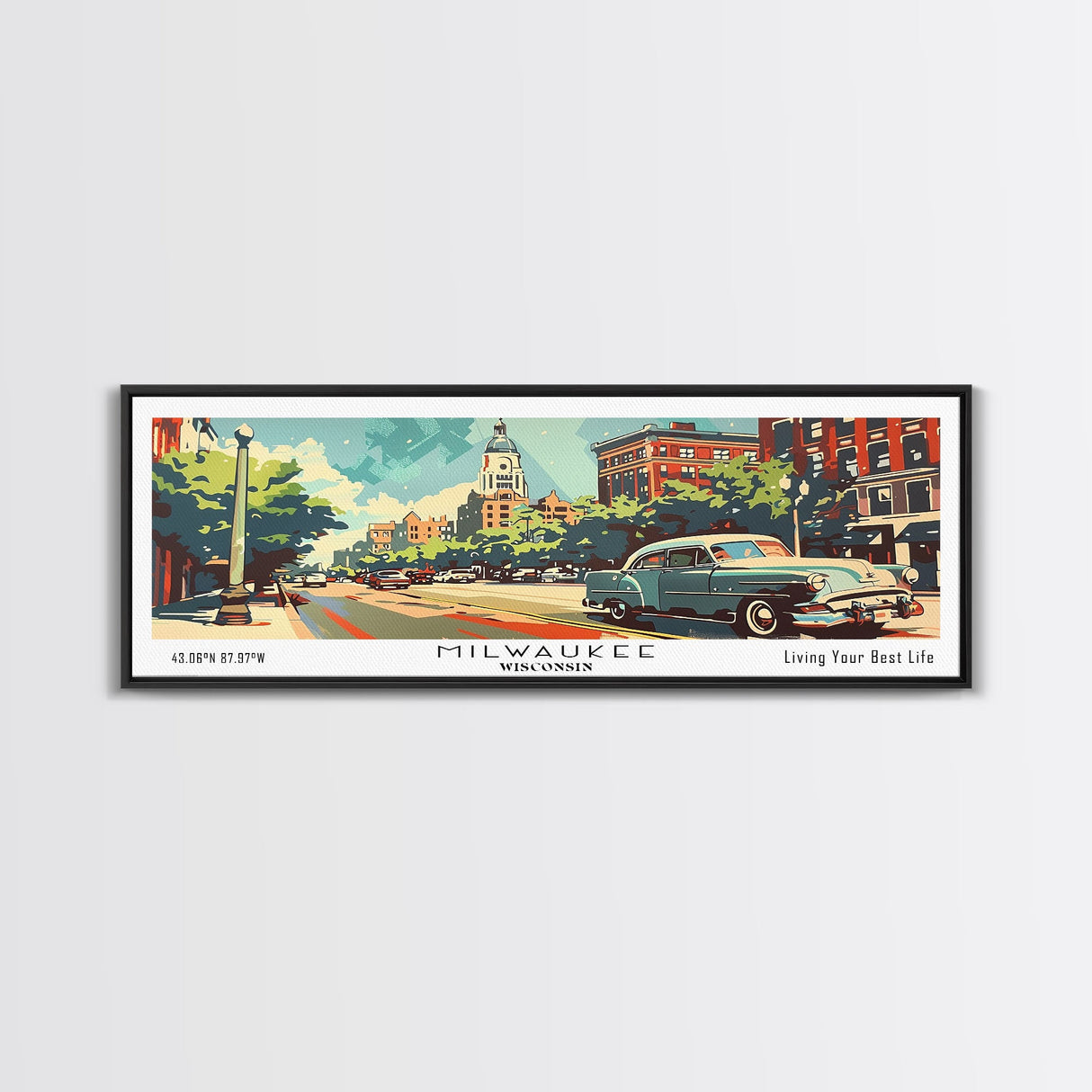 Milwaukee Wisconsin Panoramic Wall Art, Mid Century Modern Framed Canvas Print, Retro Pop Art Travel Poster, Living Room and Office Decor