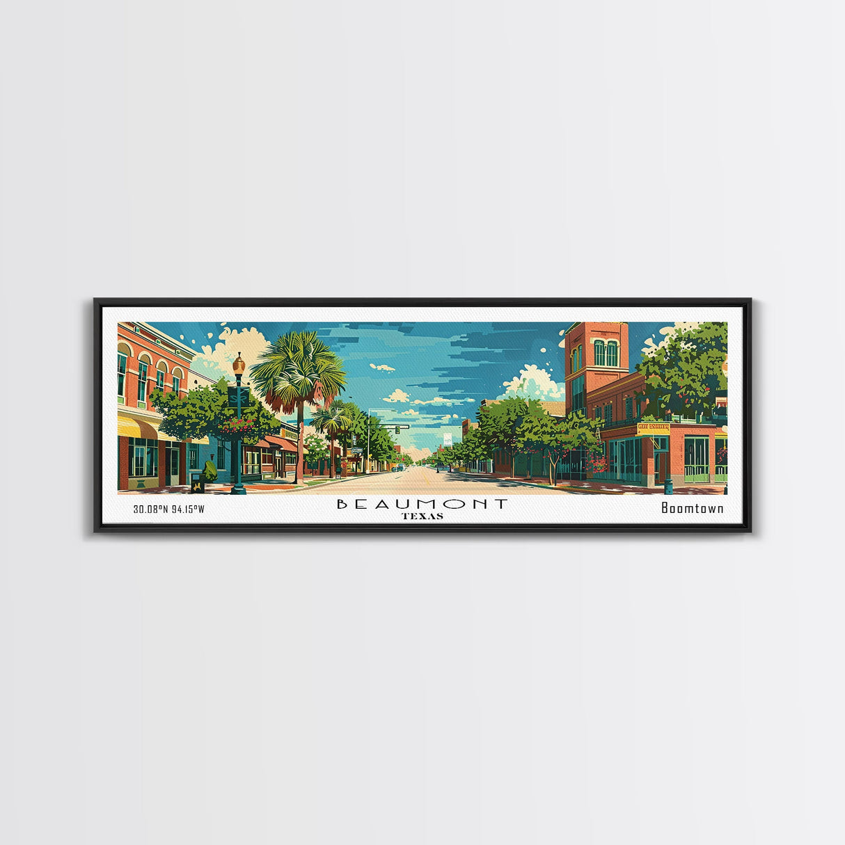 Beaumont Texas Panoramic Painting, Mid Century Modern Framed Canvas Print, Retro Pop Art Travel Poster, Living Room Wall Art, City Print