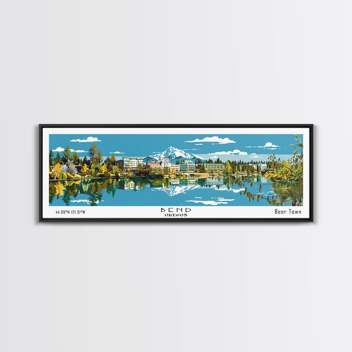 Bend Oregon Panoramic Painting, Mid Century Modern Framed Canvas Print, Retro Pop Art Travel Poster, City Wall Art Decor, Office Art