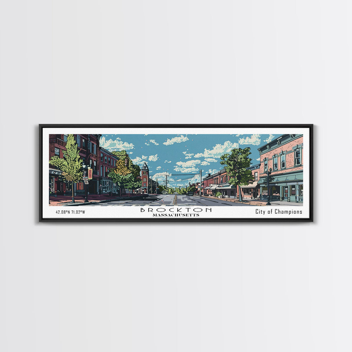 Brockton Massachusetts Panoramic Painting, Mid Century Modern Framed Canvas Print, Retro Pop Art Travel Poster, Home Decor, City Art