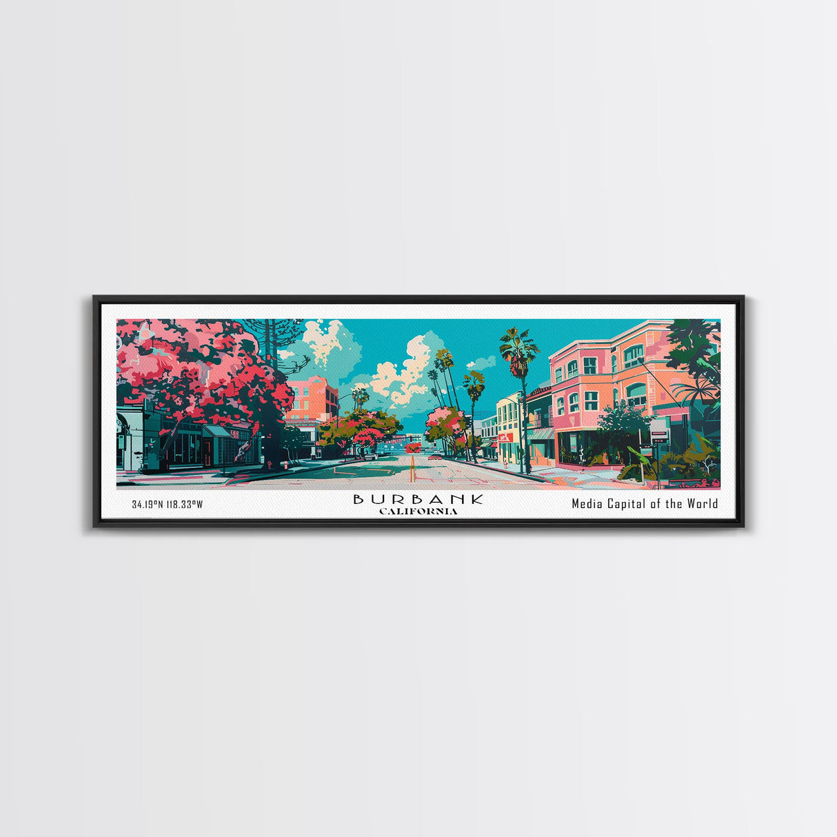 Burbank California Panoramic Painting, Mid Century Modern Framed Canvas Print, Retro Pop Art Travel Poster, Living Room Wall Art, City Art