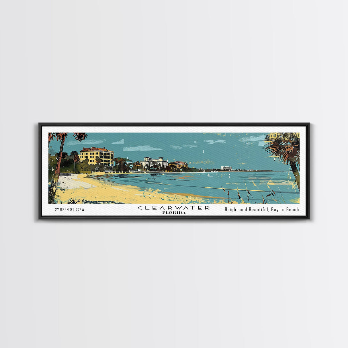 Clearwater Florida Panoramic Painting, Mid Century Modern Framed Canvas Print, Retro Pop Art Travel Poster, Home Decor, City Art