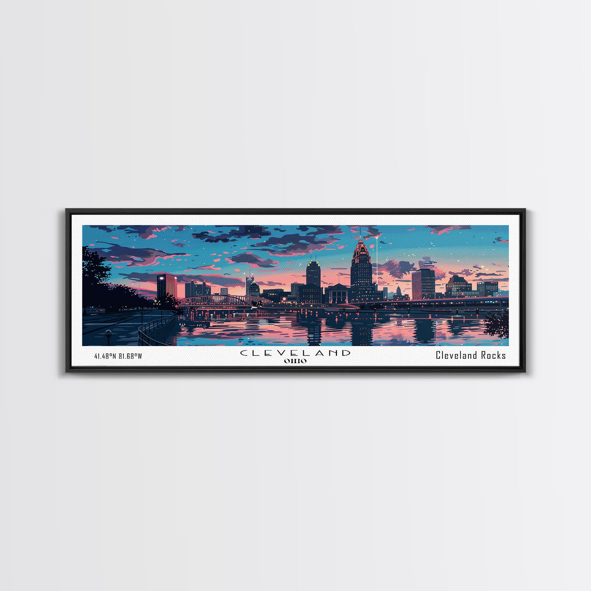 Cleveland Ohio Panoramic Painting, Mid Century Modern Framed Canvas Print, Retro Pop Art Travel Poster, City Wall Art, Office Decor