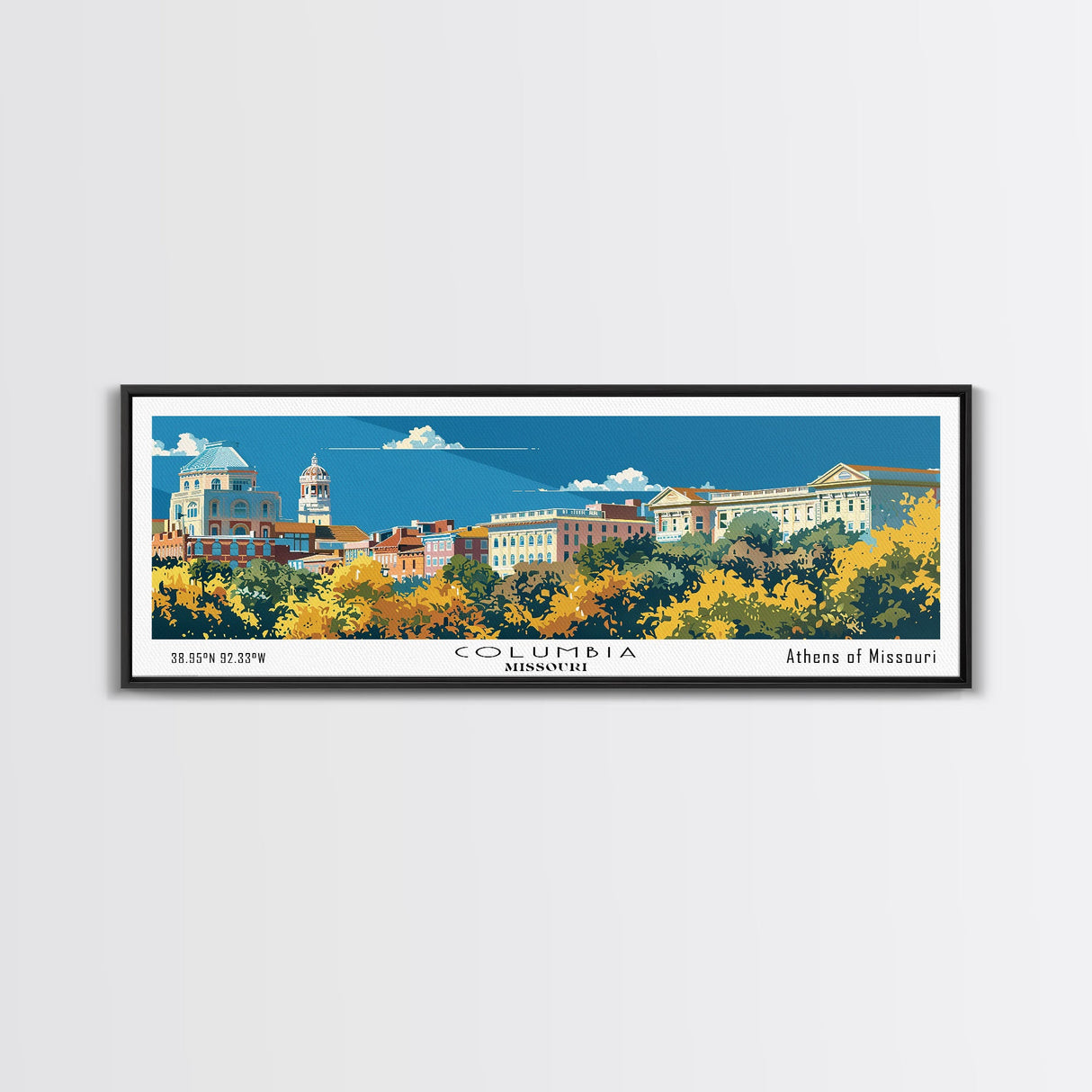 Columbia Missouri Panoramic Wall Art, Mid Century Modern Framed Canvas Print, Retro Pop Art Travel Poster, City Home Decor, Office Wall Art