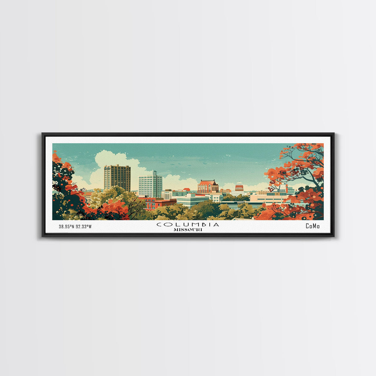 Columbia Missouri Panoramic Wall Art, Mid Century Modern Framed Canvas Print, Retro Pop Art Travel Poster, City Home Decor, Office Wall Art