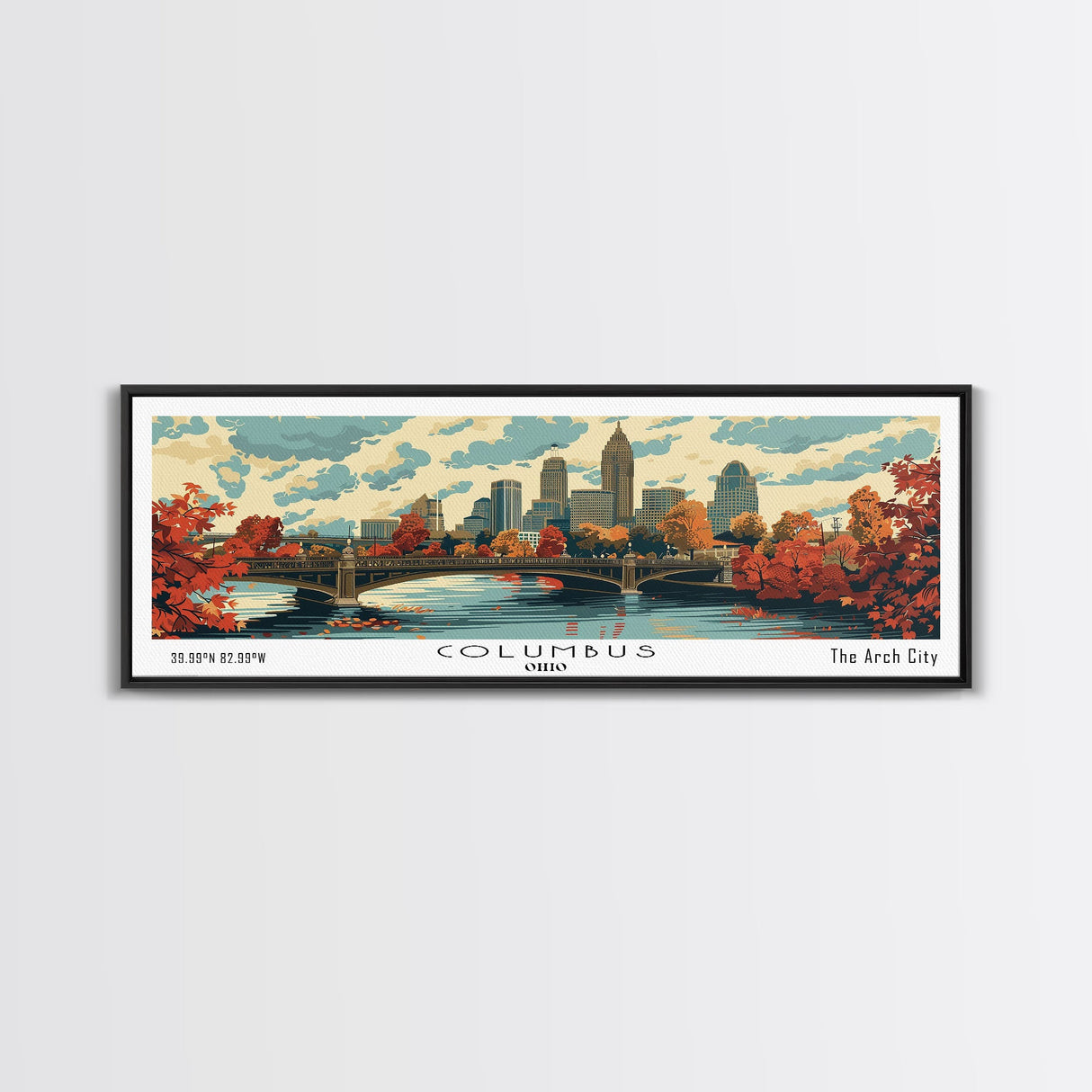 Columbus Ohio Panoramic Wall Art, Mid Century Modern Framed Canvas Print, Retro Pop Art Travel Poster, City Living Room Decor, Office Wall Art