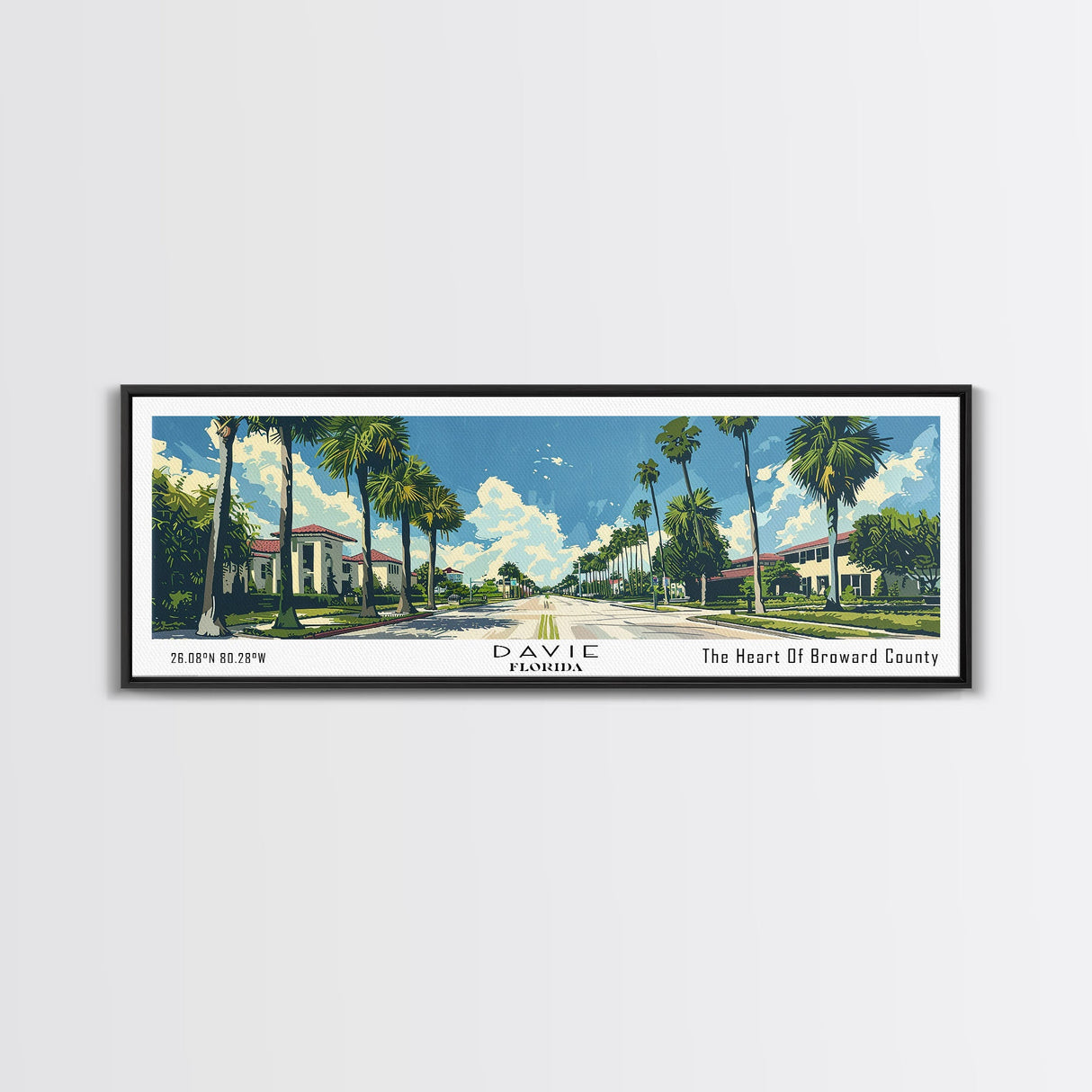 Davie Florida Panoramic Painting, Mid Century Modern Framed Canvas Print, Retro Pop Art Travel Poster, City Wall Art, Home Decor