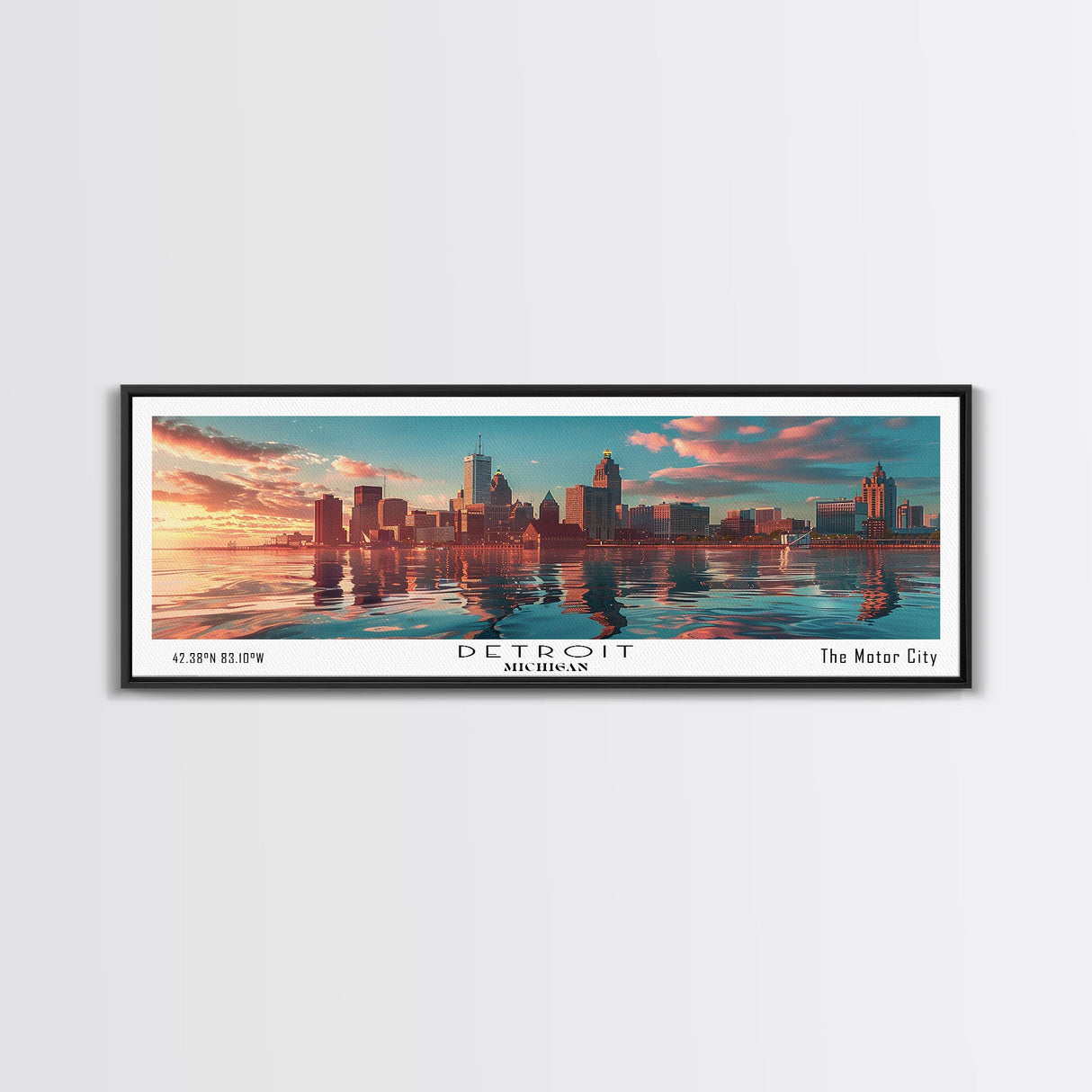 Detroit Michigan Panoramic Painting, Mid Century Modern Framed Canvas Print, Retro Pop Art Travel Poster, City Wall Decor, Home Art