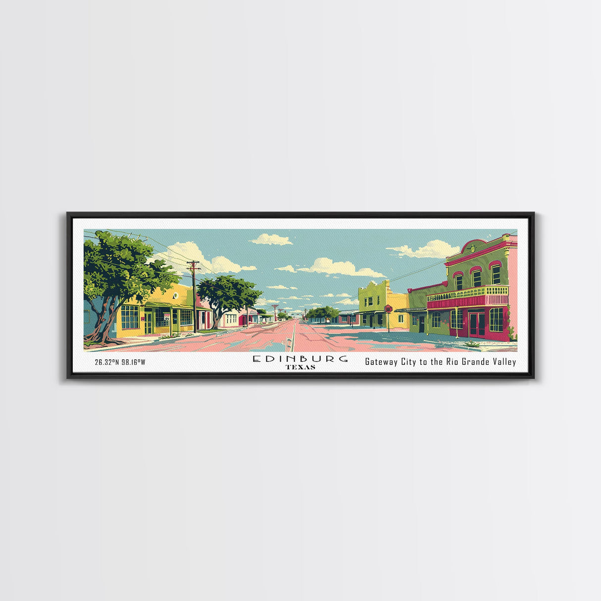 Edinburg Texas Panoramic Wall Art, Mid Century Modern Framed Canvas Print, Retro Pop Art Travel Poster, City Office Art, Living Room Decor