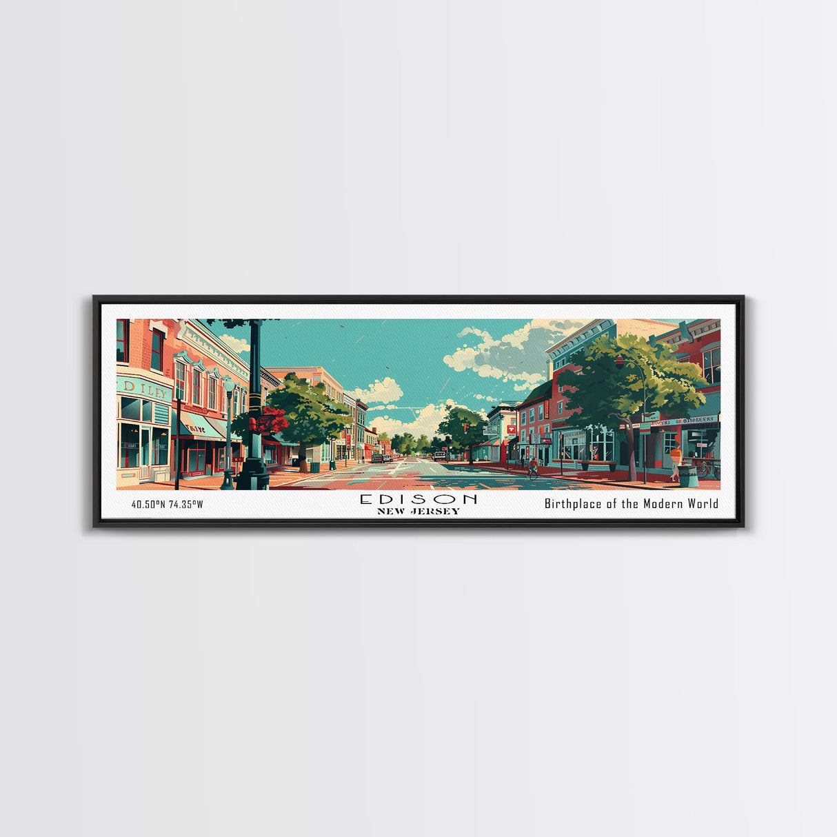 Edison New Jersey Panoramic Painting, Mid Century Modern Framed Canvas Print, Retro Pop Art Travel Poster, City Wall Decor, Home Decor