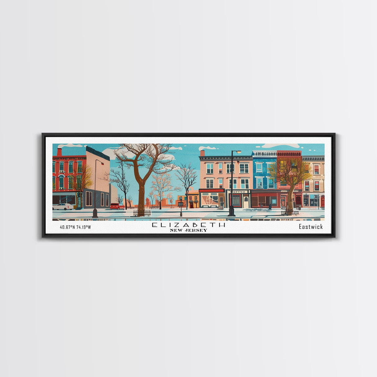 Elizabeth New Jersey Panoramic Wall Art, Mid Century Modern Framed Canvas Print, Retro Pop Art Travel Poster, City Home Decor, Office Art