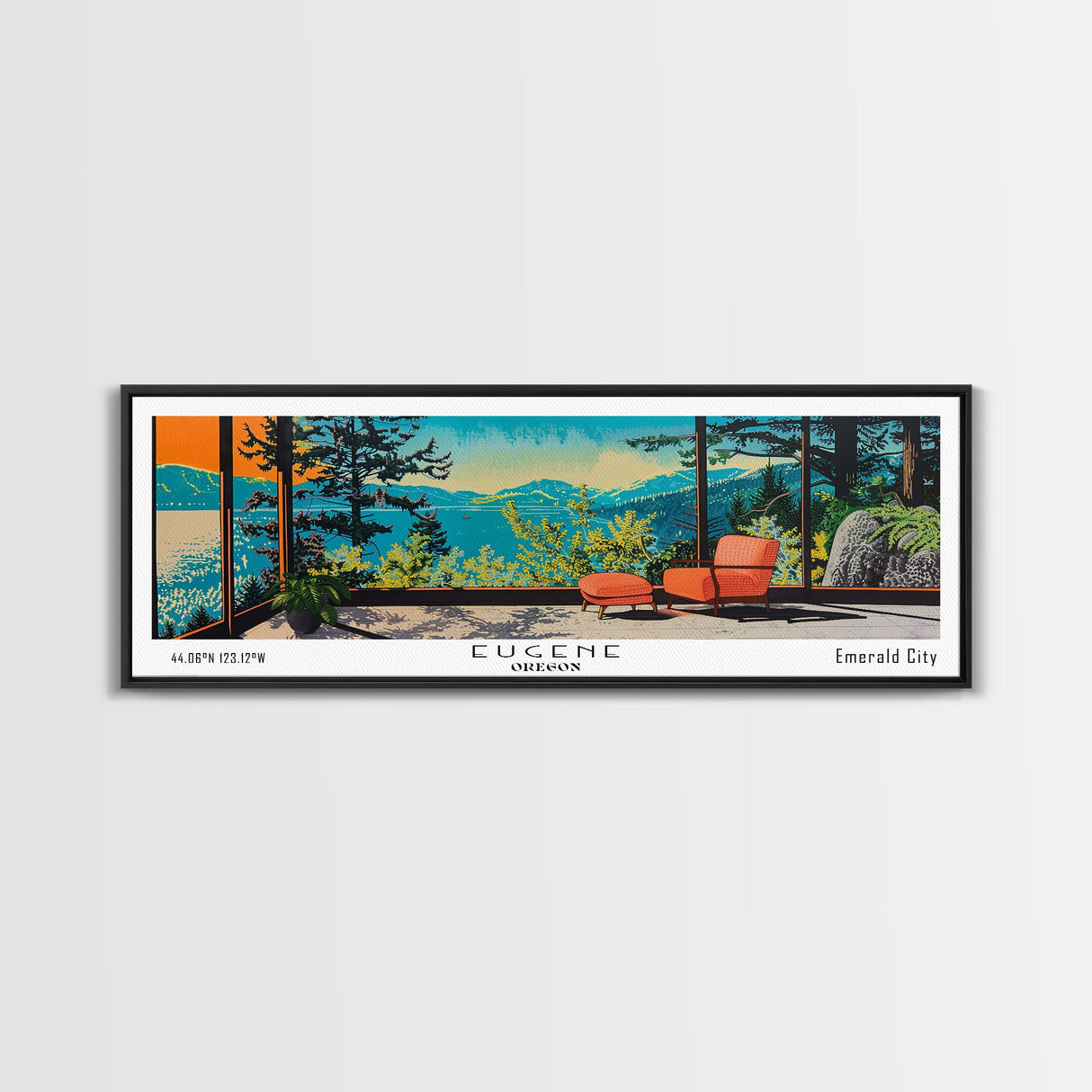 Eugene Oregon Panoramic Art, Mid Century Modern Framed Canvas Print, Retro Pop Art Travel Poster, Office Wall Decor