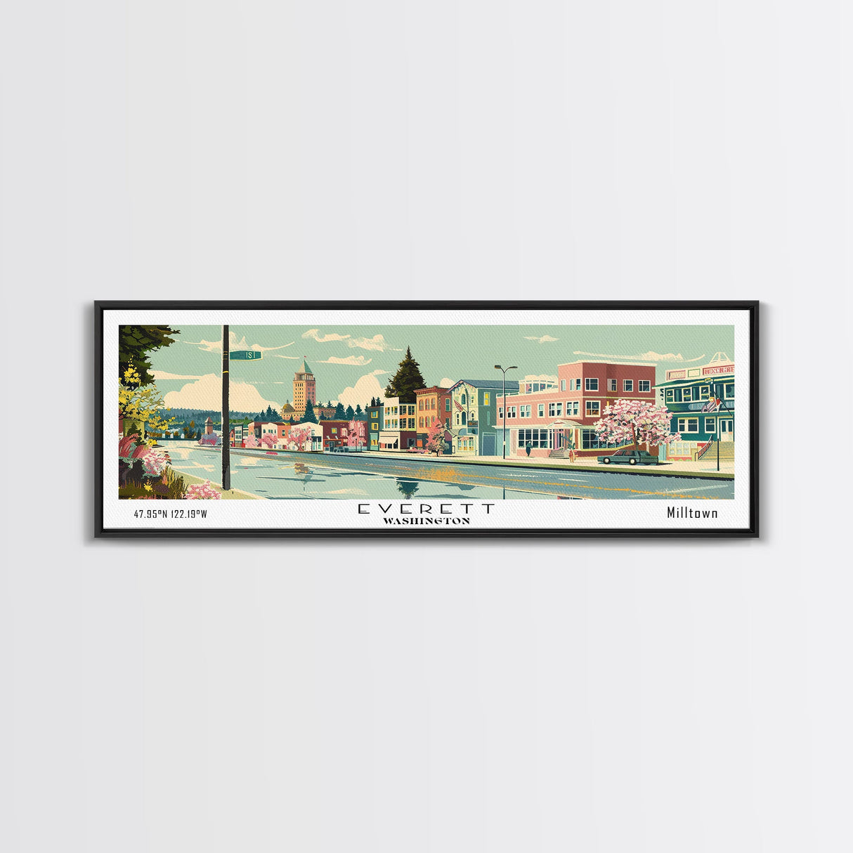 Everett Washington Panoramic Painting, Mid Century Modern Framed Canvas Print, Retro Pop Art Travel Poster, Home Wall Decor