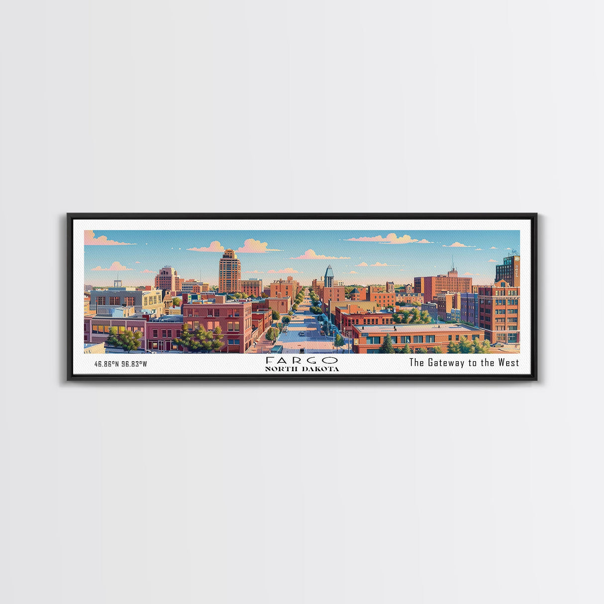 Fargo North Dakota Panoramic Painting, Mid Century Modern Framed Canvas Print, Retro Pop Art Travel Poster, City Wall Art