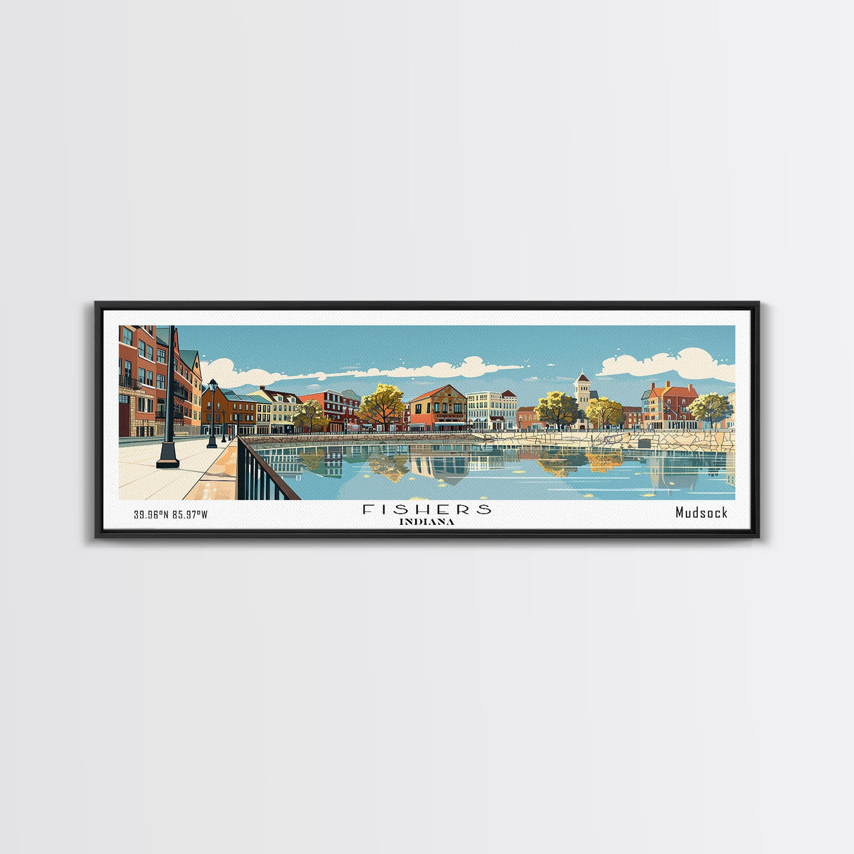 Fishers Indiana Panoramic Painting, Mid Century Modern Framed Canvas Print, Retro Pop Art Travel Poster, Home Wall Decor