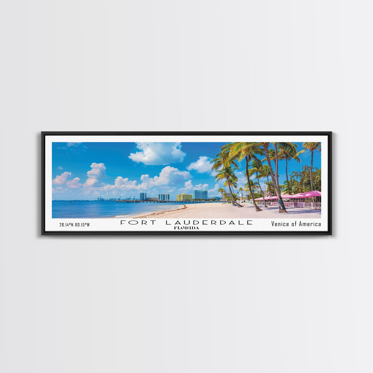 Fort Lauderdale Florida Panoramic Painting, Mid Century Modern Framed Canvas Print, Retro Pop Art Travel Poster, City Wall Art