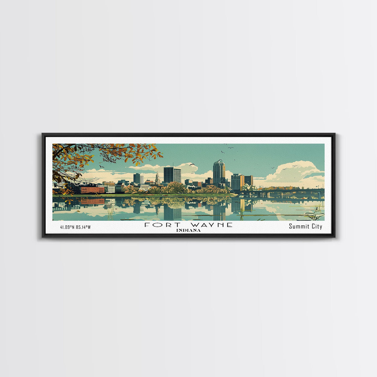 Fort Wayne Indiana Panoramic Art, Mid Century Modern Framed Canvas Print, Retro Pop Art Travel Poster, Home Wall Decor