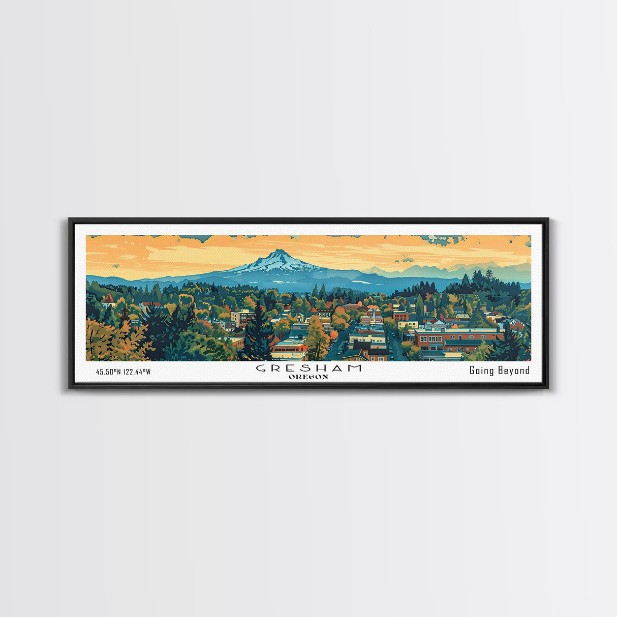 Gresham Oregon Panoramic Art, Mid Century Modern Framed Canvas Print, Retro Pop Art Travel Poster, Office Wall Decor