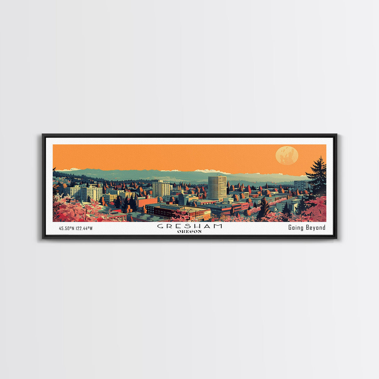 Gresham Oregon Panoramic Art, Mid Century Modern Framed Canvas Print, Retro Pop Art Travel Poster, Office Wall Decor