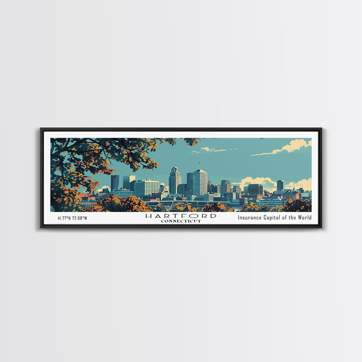 Hartford Connecticut Panoramic Painting, Mid Century Modern Framed Canvas Print, Retro Pop Art Travel Poster, Home Wall Decor