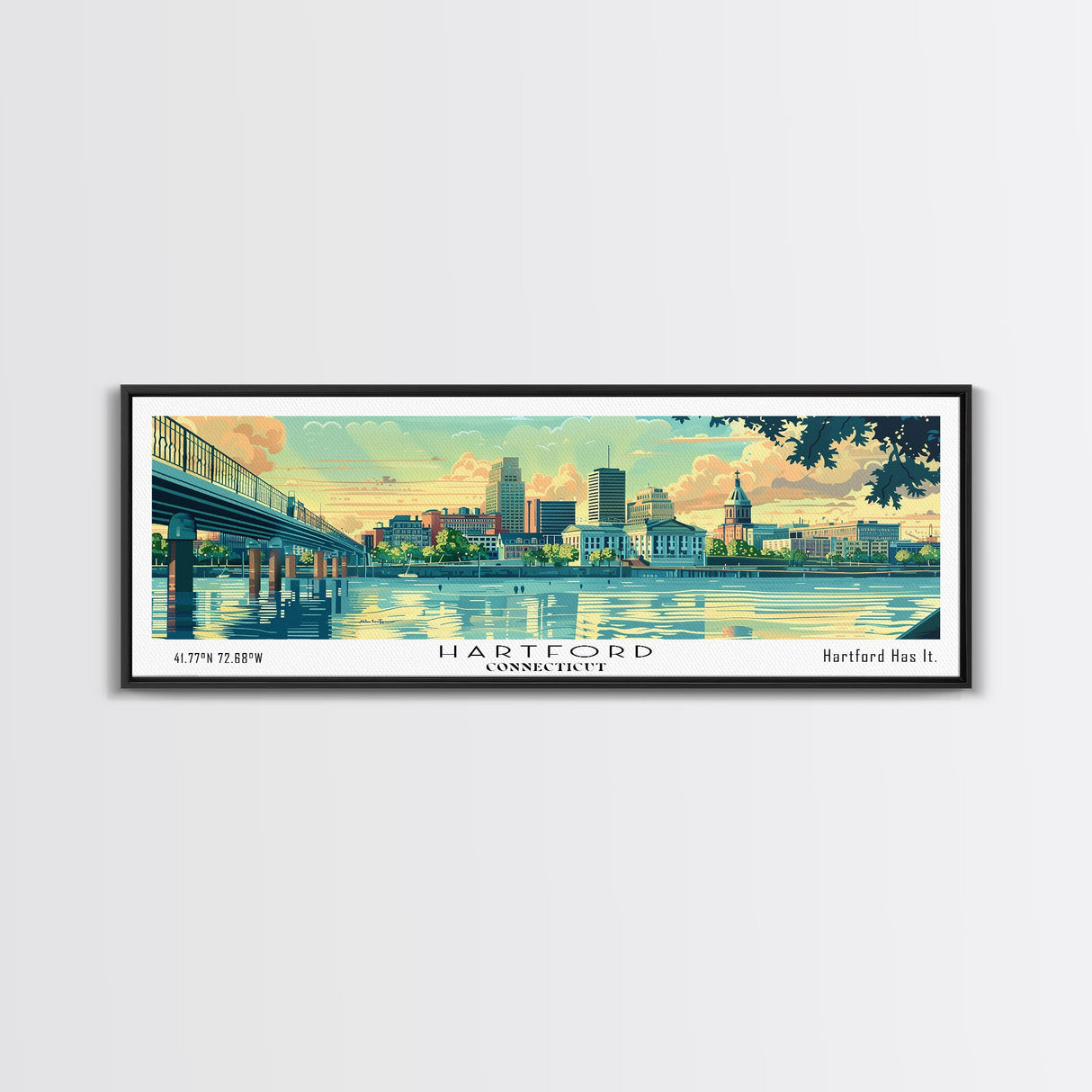 Hartford Connecticut Panoramic Painting, Mid Century Modern Framed Canvas Print, Retro Pop Art Travel Poster, Home Wall Decor