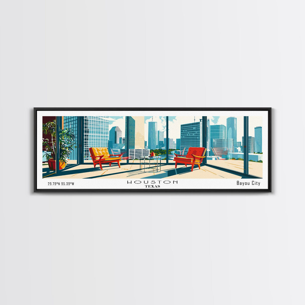 Houston Texas Panoramic Painting, Mid Century Modern Framed Canvas Print, Retro Pop Art Travel Poster, Office Wall Art