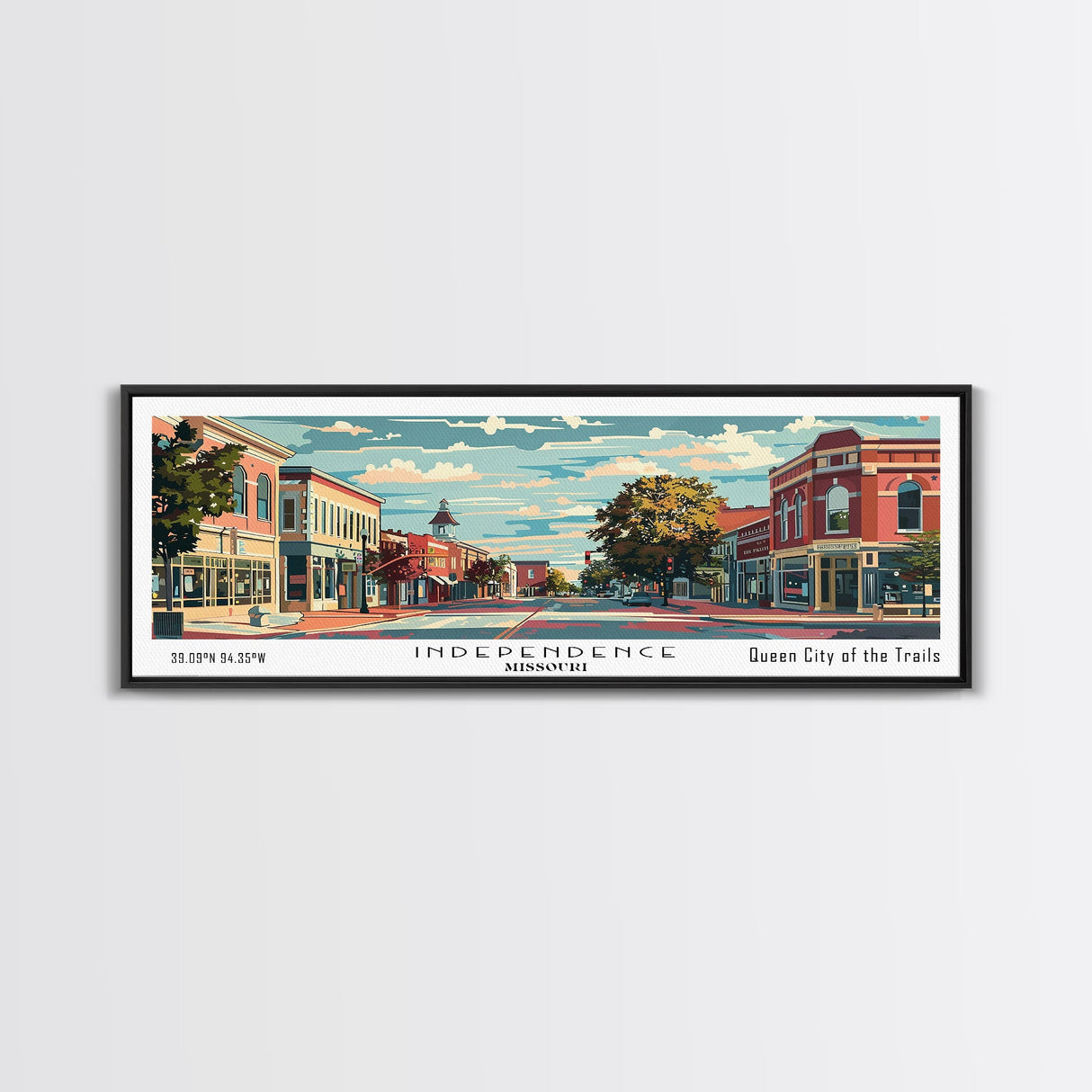 Independence Missouri Panoramic Painting, Mid Century Modern Framed Canvas Print, Retro Pop Art Travel Poster, Home Decor