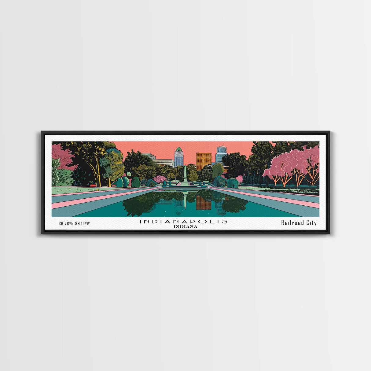 Indianapolis Indiana Panoramic Painting, Mid Century Modern Framed Canvas Print, Retro Pop Art Travel Poster, Office Decor