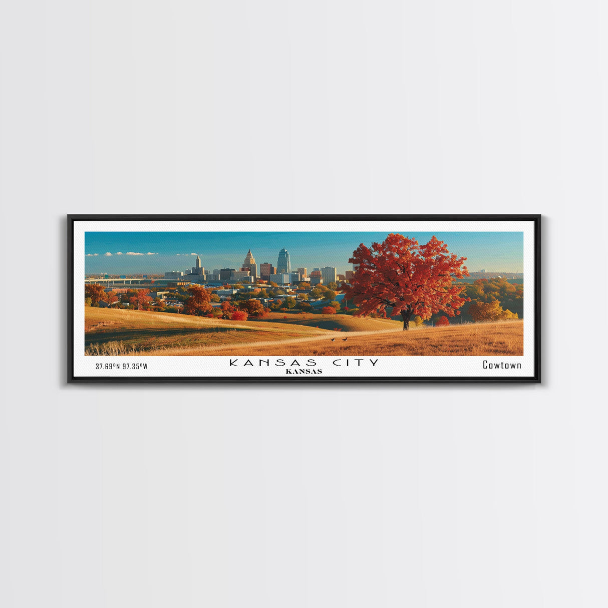 Kansas City Kansas Panoramic Wall Art, Mid Century Modern Framed Canvas Print, Retro Pop Art Travel Poster, Office Wall Art