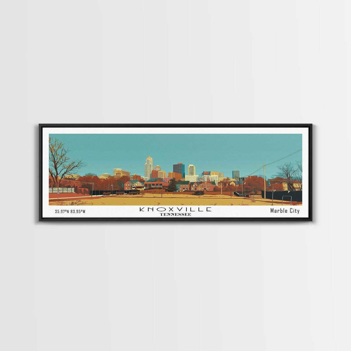 Knoxville Tennessee Panoramic Wall Art, Mid Century Modern Framed Canvas Print, Retro Pop Art Travel Poster, Living Room Art