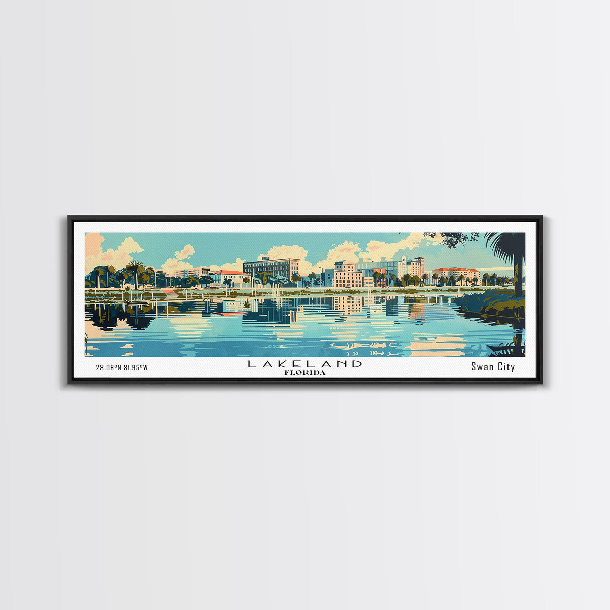 Lakeland Florida Panoramic Painting, Mid Century Modern Framed Canvas Print, Retro Pop Art Travel Poster, Home Wall Decor