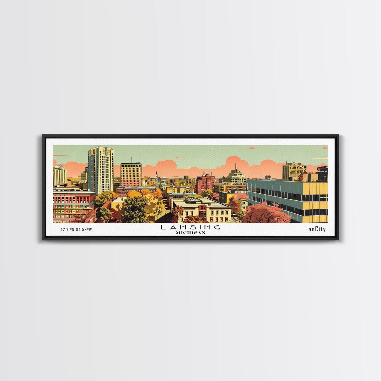 Lansing Michigan Panoramic Wall Art, Mid Century Modern Framed Canvas Print, Retro Pop Art Travel Poster, Living Room Decor