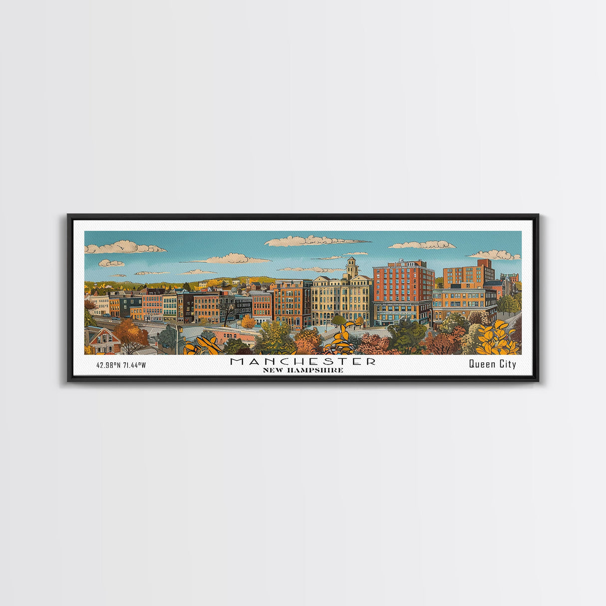 Manchester New Hampshire Panoramic Painting, Mid Century Modern Framed Canvas Print, Retro Pop Art Travel Poster, Living Room Decor