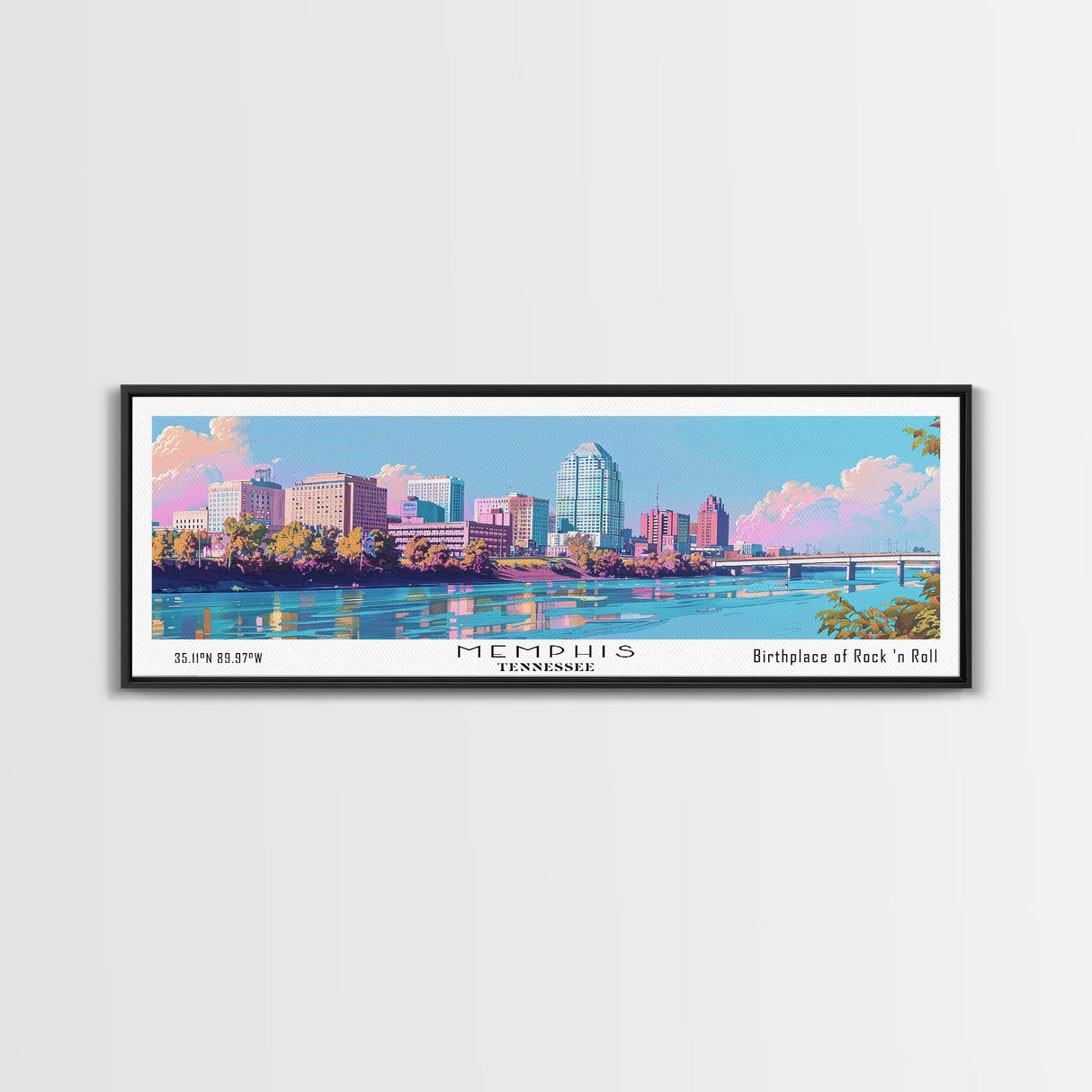 Memphis Tennessee Panoramic Painting, Mid Century Modern Framed Canvas Print, Retro Pop Art Travel Poster, Office Wall Art