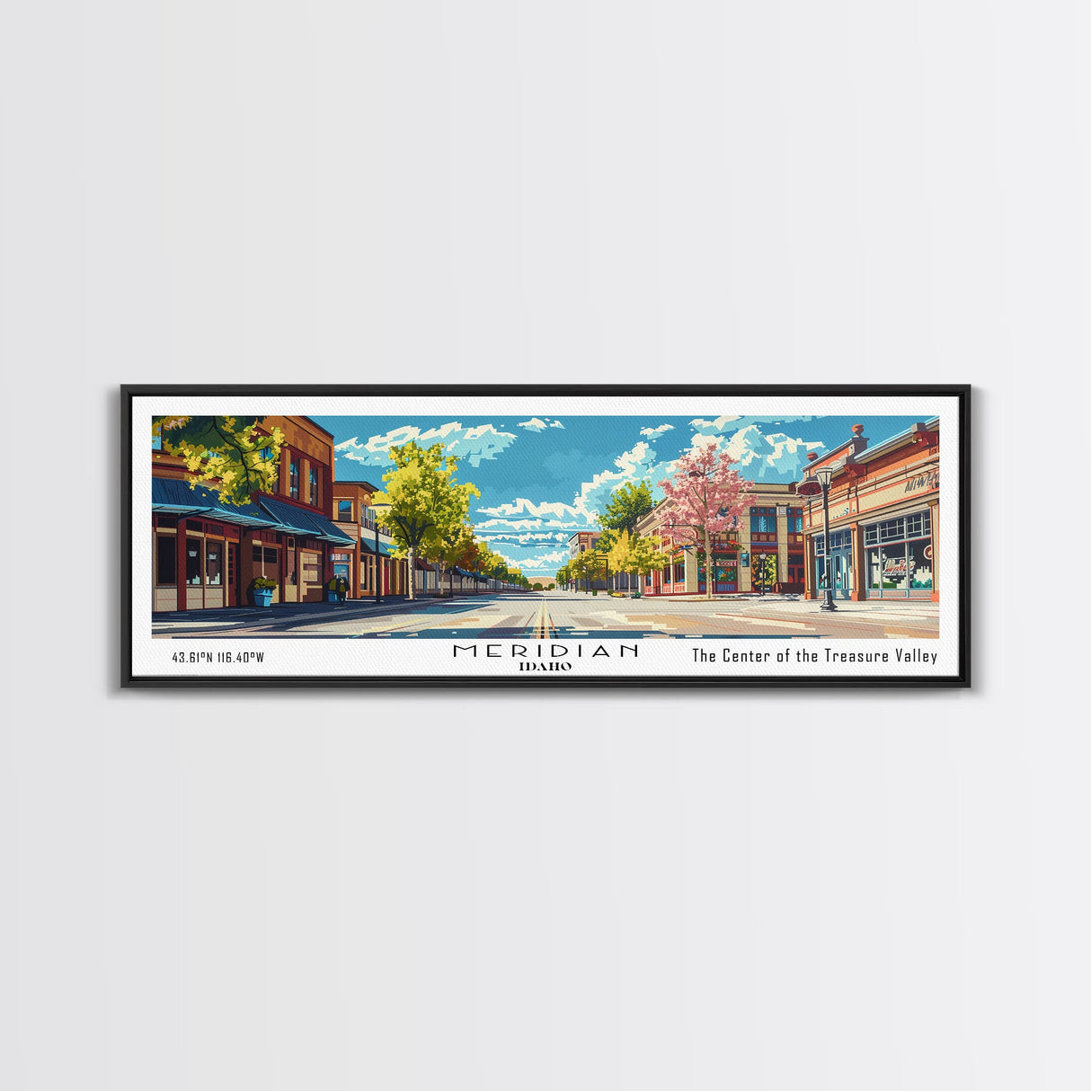 Meridian Idaho Panoramic Painting, Mid Century Modern Framed Canvas Print, Retro Pop Art Travel Poster, Home Decor